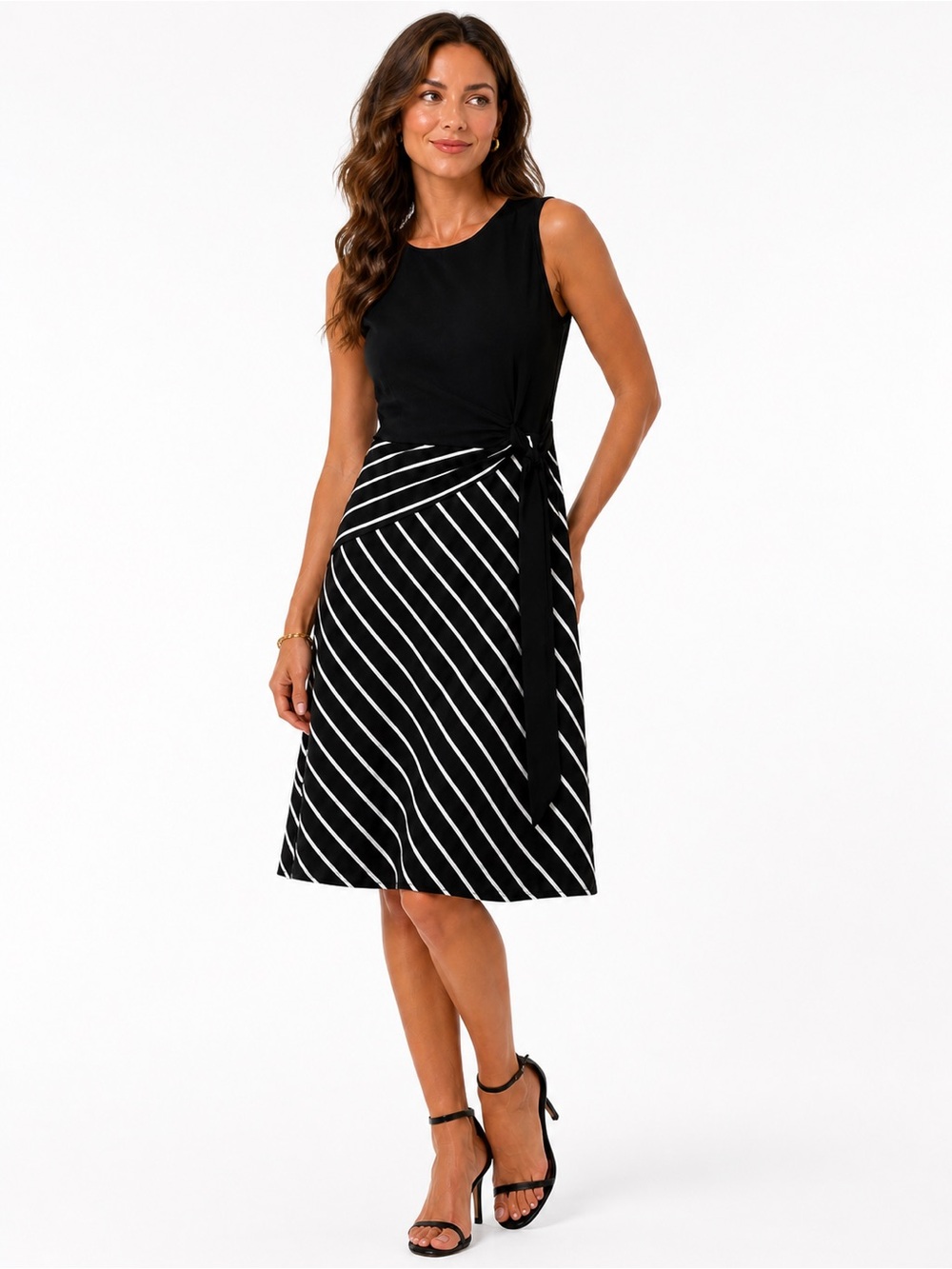 Lauren Ralph Lauren Black White Striped Midi Dress Side Tie Accent Size 8 - Picture 8 of 8